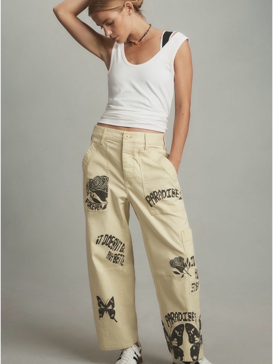 Pilcro Pants - Pilcro Wide-Leg Graphic Print Pants in Cream - Allison Marie Garcia